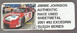 Jimmie Johnson Autographed Race Used Sheetmetal 2001 Excedrin Busch #92 NASCAR