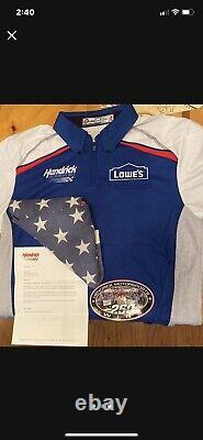 Nascar race used pit crew shirt, 1999 flag that flew over Hendrix motor sports