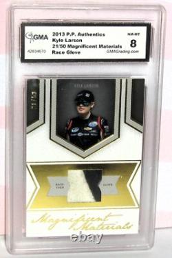 Rare KYLE LARSON / GMA GRADED 8 = 2013 PRESS PASS MM / RACE-USED GLOVE = 21 / 50