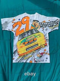 VINTAGE CARTOON NETWORK RACING FLINTSTONES NASCAR T-Shirt All-Over Print 1996 L