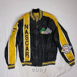 Vintage NASCAR Racing Leather Bomber Jacket Mens M Black Yellow Team USA Car