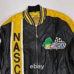 Vintage NASCAR Racing Leather Bomber Jacket Mens M Black Yellow Team USA Car