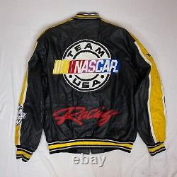 Vintage NASCAR Racing Leather Bomber Jacket Mens M Black Yellow Team USA Car
