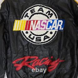 Vintage NASCAR Racing Leather Bomber Jacket Mens M Black Yellow Team USA Car