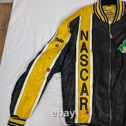 Vintage NASCAR Racing Leather Bomber Jacket Mens M Black Yellow Team USA Car