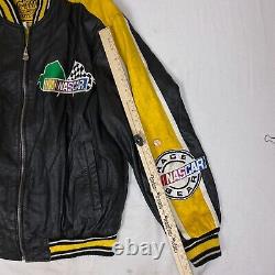 Vintage NASCAR Racing Leather Bomber Jacket Mens M Black Yellow Team USA Car